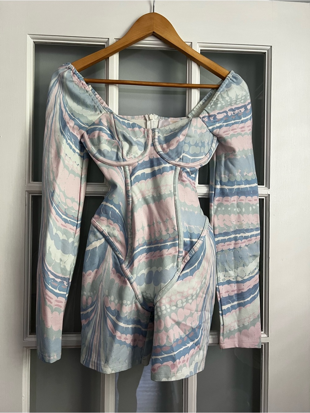 Selkie Pastel Swirl Off-Shoulder Jumpsuit in Blue and Pink